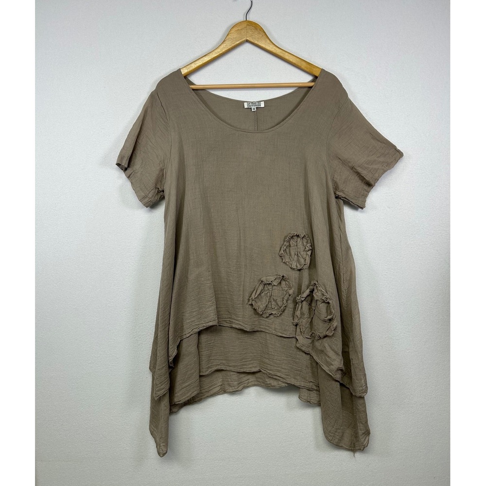 Lagenlook La Fille Du Couturier Womens‎ 36 Brown Gauze Cotton Applique Tunic Top